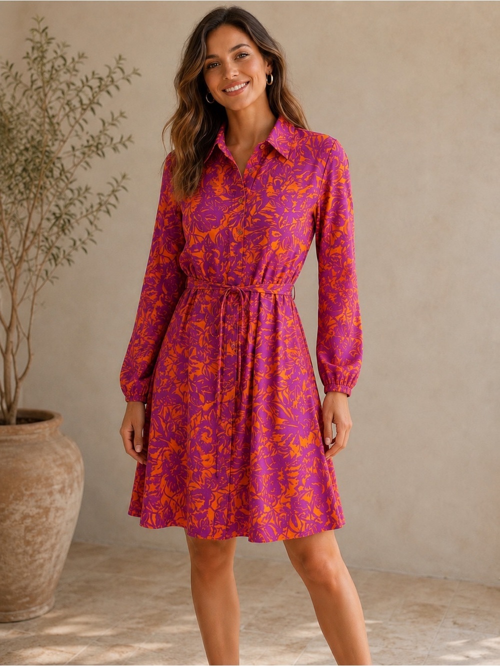 Lefties Purple Orange Floral Shirt Dress Tie Waist Long Sleeve XL Boho Vacation